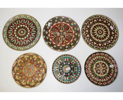 Six Decorative Greek brass &amp; enamel wall plaques diameter 19cm approx (largest)