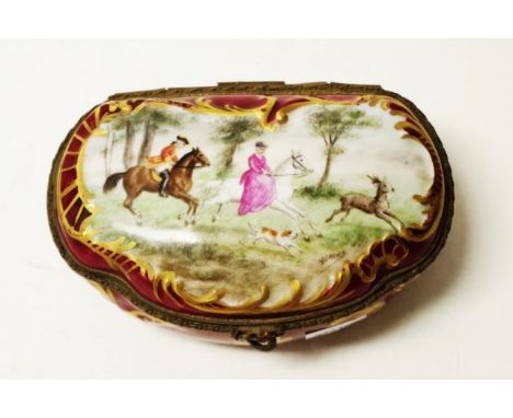 French porcelain handpainted trinket box with a signed  traditional hunting scene decoration and ormolu fittings, width 12.5c