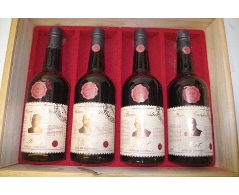 Four bottles Wyndham Prime Ministers port 4 x 750 mls, Series 2 : W Mcmahon, G Whitlam, M Fraser and R Hawke in a wooden box