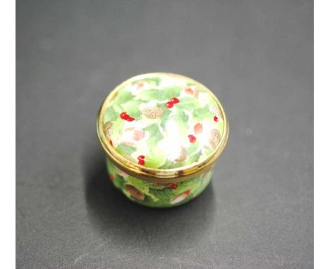 Halcyon Days miniature enamel casket with painted blossom enamel decoration to lid, in original packaging, (diameter 2cm appr
