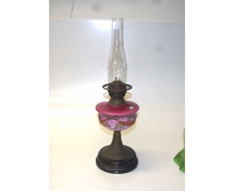 Vintage painted pink glass fuel banquet lamp hand painted pink glass fuel reservoir, with dual control double burner, and gla