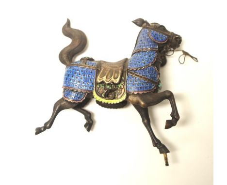 Chinese enamel decorated horse figure standing brass horse, with enamel decoration, and stone set, (some small losses, and or