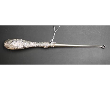 Victorian silver button hook with cockatoo handle Birmingham 1895, maker Charles Dunmenil, length 27.5cm