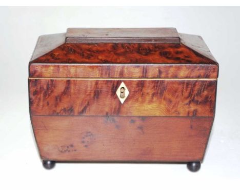 Regency burr yew tea caddy with twin interior, trimmed with ebony. Circa 1830. Approximate dimensions: 11.5cm L x 18.5cm W x 