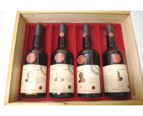 Four bottles Wyndham Prime Ministers port 4 x 750 mls, Series 2 : A Fisher, J Cook, W Hughes and S Bruce, in wooden box