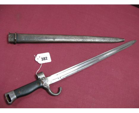 Late XX Century French 1892 Bayonet,  the hilt missing the button stud, in its correct all steel scabbard, average condition.