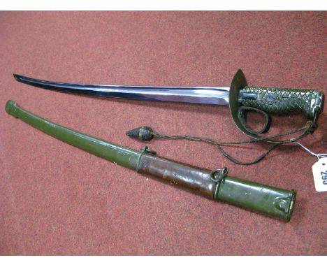 A 1950's Chinese Police Sabre, with 31" blade metal grip with sword knot on its correct  green metal scabbard.