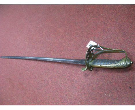 A Victorian British Officers Sword, plain blade 32" long, with gilt hilt, no scabbard.