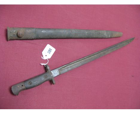 An Early XX Century 1907 British Bayonet, very dirty overall in its leather scabbard with metal fittings.