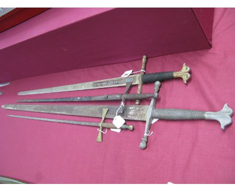 A Pair of Early XX Century Masonic Swords, one with leather scabbard. Mid XX Century replica "El Cid" type sword with engrave