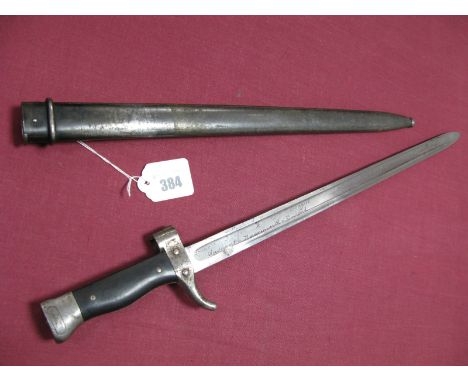 Late XX Century French 1892 Bayonet, the Quillion shortened, the blade unofficially engraved, in its correct, all steel scabb
