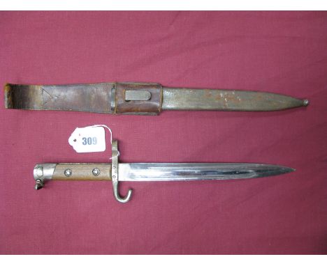 Late XIX Century Austrian NCO's Bayonet, with short quillion and bayonet loop, wooden grips and in its steel scabbard with br