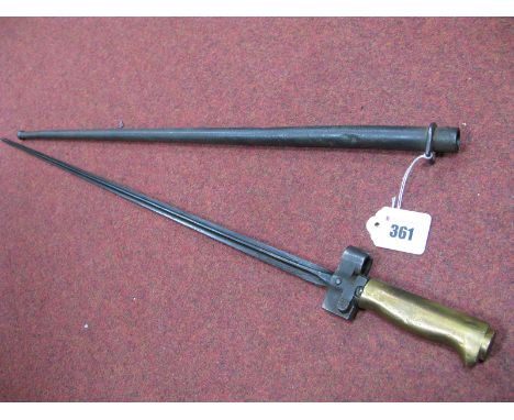 An Early XX Century French Epee Bayonet, with cruciform blade, in its correct all steel scabbard, average condition.