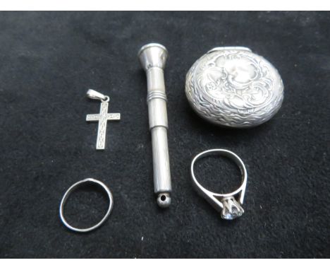 Silver dress ring, silver ring, silver pill box &amp; 2 others