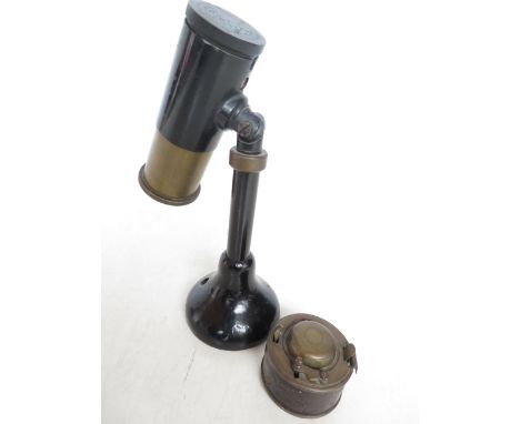 Early angle poise lamp? together with a Victorian leather &amp; brass inkwell. Height of lamp 17 cm