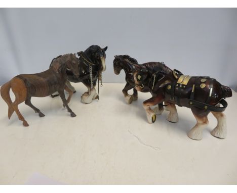 3x Large ceramic shire horses together with heavy wooden carved horse