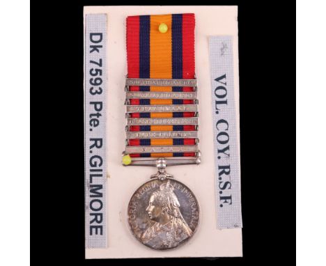 A Queen's South Africa medal with 6 clasps to 7593 Pte R Gilmore, Volunteer Company Royal Scots Fusiliers