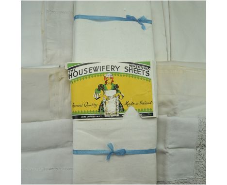 A pair of vintage Irish linen "Housewifery Hemstitch Sheets" together with other antique/vintage cotton and linen bed sheets 