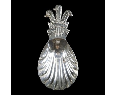 A late 20th Century silver shell-form caddy spoon commemorating the marriage of Charles, Prince of Wales, Roberts &amp; Belk,