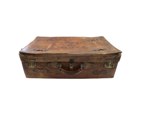 A vintage hide suitcase bearing its original RAF leading aircraftman's details "1032384 LAC R Hunter", together with a smalle