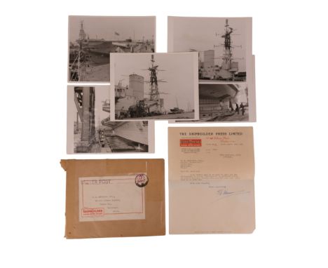 A group of 1958 press photographs of the Royal Navy aircraft carrier HMS Victorious, with accompanying "The Shipbuilder and M