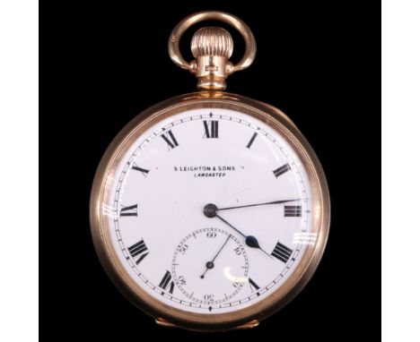 A 1920s 9 ct gold pocket watch by S Leighton &amp; Sons of Lancaster, having a crown-wound Swiss movement by Stauffer, Son &a