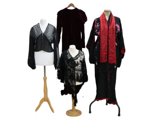 A quantity of early 20th Century ladies' costume comprising a 1920s-1930s blackwork lace shawl, a 1940s black chiffon blouse,