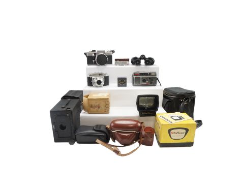 A group of vintage film cameras including a Bierette Junior II, Kodak 'Hawkeye', Practica LTL, an Ensign Box 2 1/2, together 
