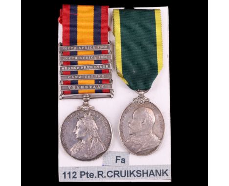 A Queen's South Africa medal with 5 clasps and Efficiency medal to 7245 R Cruickshan, Volunteer Company Seaforth Highlanders