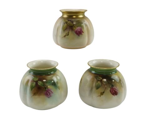 A pair of Victorian Royal Worcester compressed lobed vases, shape 158, circa 1907, having transfer printed and hand-tinted de