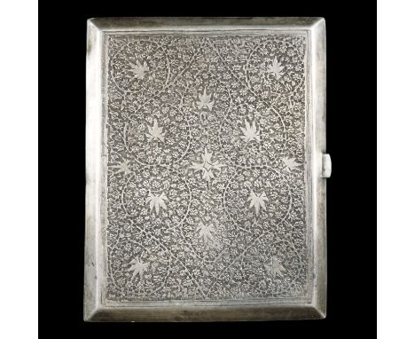 An Anglo-Indian white metal cigarette case, profusely foliate Arabesque engraved overall, circa 1930s, 144 g
