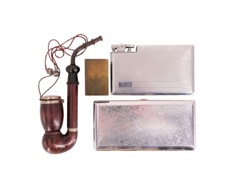 Smoking paraphernalia comprising a German wooden pipe, a 1950s Polo combination cigarette case and lighter, a matchbox cover 