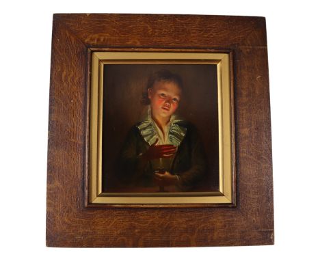 An intimate, chiaroscuro study of a young boy cradling a candlestick, its golden light bathing his rosey face and illuminatin
