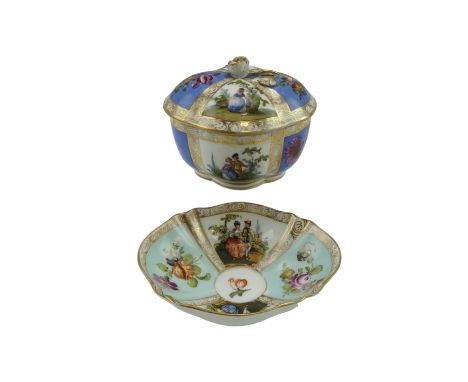 A 19th Century Meissen porcelain covered bowl, of lobed oval form, the lid finial in the form of a rose, decorated with hand-
