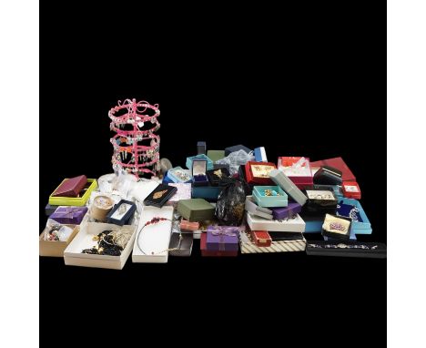 A large group of vintage to contemporary costume jewellery including various beaded necklaces, a Scottish thistle-type neckla