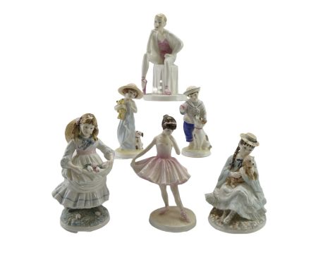 A Coalport "Butterflies" ceramic ballerina figurine, together with a similar seated ballerina figurine Four Coalport limited 