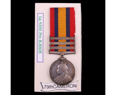 A Queen's South Africa medal with 3 clasps to 4356 Pte R Hair, 1st Cameron Highlanders