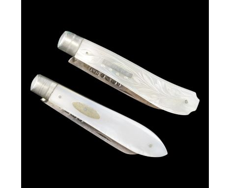 Two Victorian and later pocket folding fruit knives having silver blades and mother-of-pearl grip scales, Birmingham 1877, Sh
