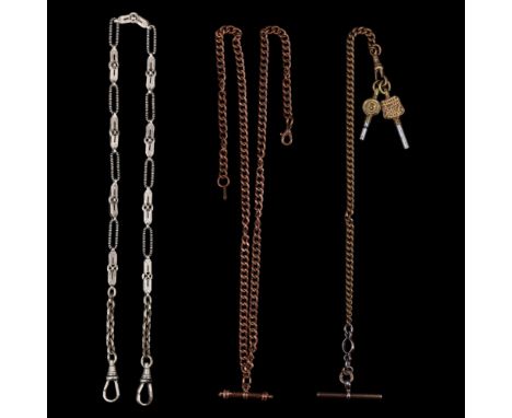 Three vintage base-metal watch chains, fancy and curb-link, together with two watch keys, longest 44 cm 