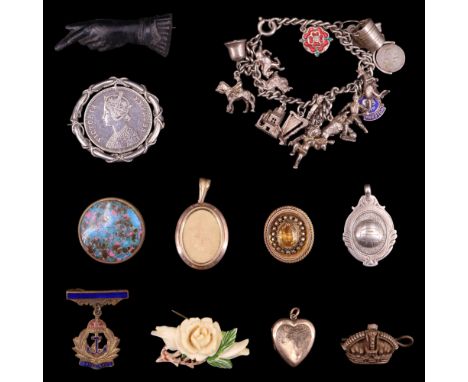 A small group of vintage jewellery including a Victorian Gothic head Alwar 1 rupee silver coin brooch, a Royal Navy sweethear