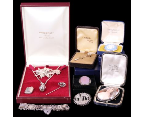 A group of vintage silver and white metal jewellery including a ewer pendant necklace, a marcasite-set and mother-of-pearl fl