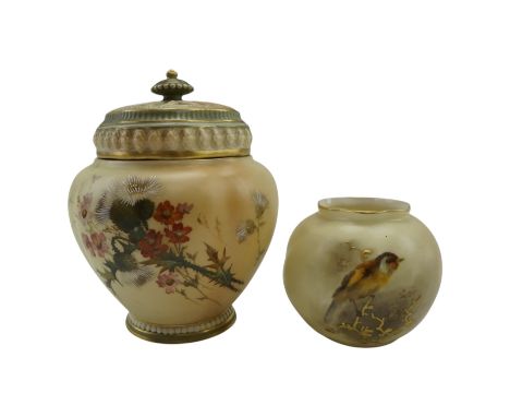 A 1905 Royal Worcester blush ivory lobed oblate vase, hand-enamelled in depiction of a finch, together with an 1898 Royal Wor