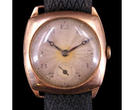 A 1930s 9 ct rose gold wristwatch having a Swiss 15-jewel movement and rose engine-turned silver face with Arabic numerals, b