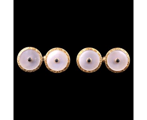 A pair of vintage 15 ct yellow metal and mother-of-pearl cufflinks, circa 1930s-1950s, 15 mm, 9.3 g