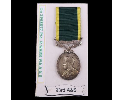 A Territorial Efficiency medal to 2968877 Pte R Wark, 9th Argyll and Sutherland Highlanders