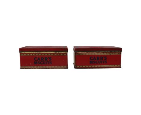 Two vintage Carr's Biscuits of Carlisle sample printed tinplate Chocolate Dates boxes by Hudson Scott, 1940s, 12 cm x 8 cm x 