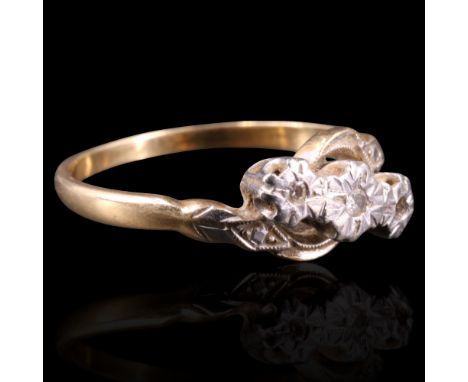 A vintage twist-set three-stone diamond ring, having an 18 ct yellow metal shank, S, 3.2 g, (one stone lacking)