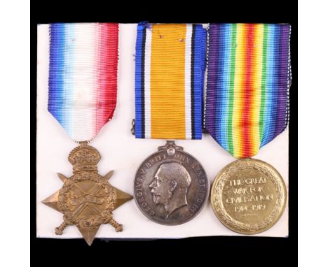 A 1914-15 Star, British War and Victory medals to 2/Lt - Lt J R Lee-Barber, 6th Kings Own Scottish Borderers [Wounded by shel