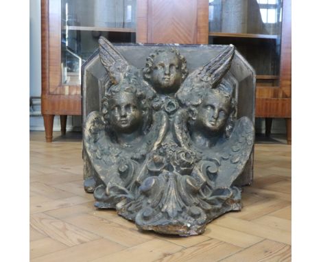 A large marble-topped gilt plaster wall bracket shelf / table modelled as cherubs, 54 cm x 43 cm x 50 cm