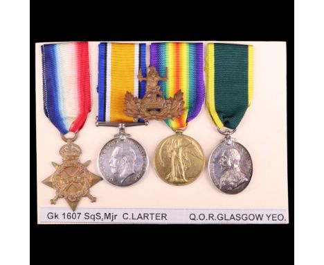 A 1914-15 Star, British War, Victory and Efficiency medals to 1607 Sq S Mjr/ Cpt C Larter, Q O R Glasgow Yeomanry, together w